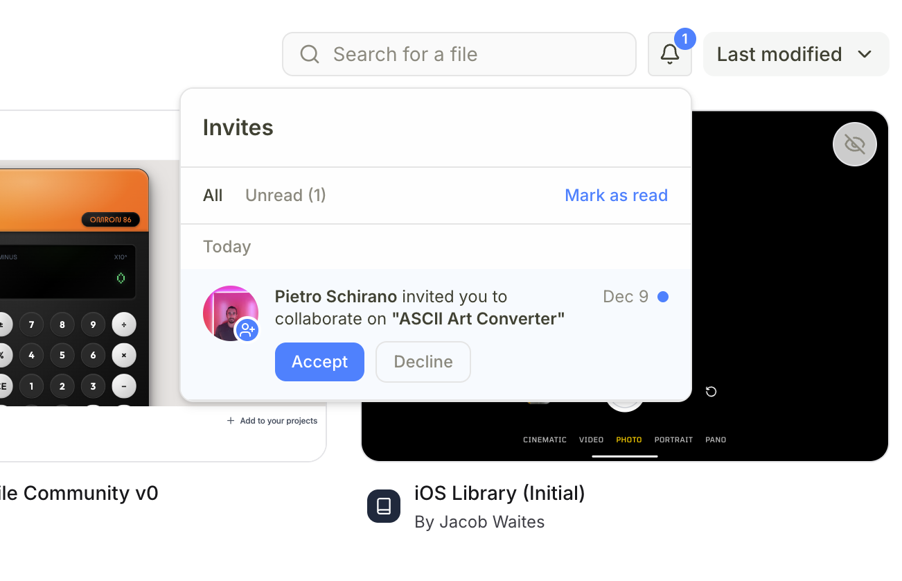 Shared with me page showing pending project invites