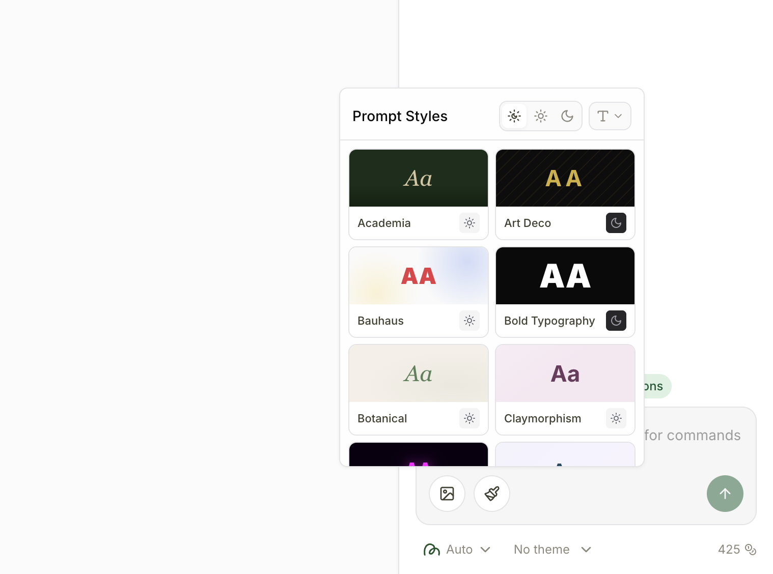 Prompt Styles picker showing curated design styles like Art Deco, Academia, and Botanical