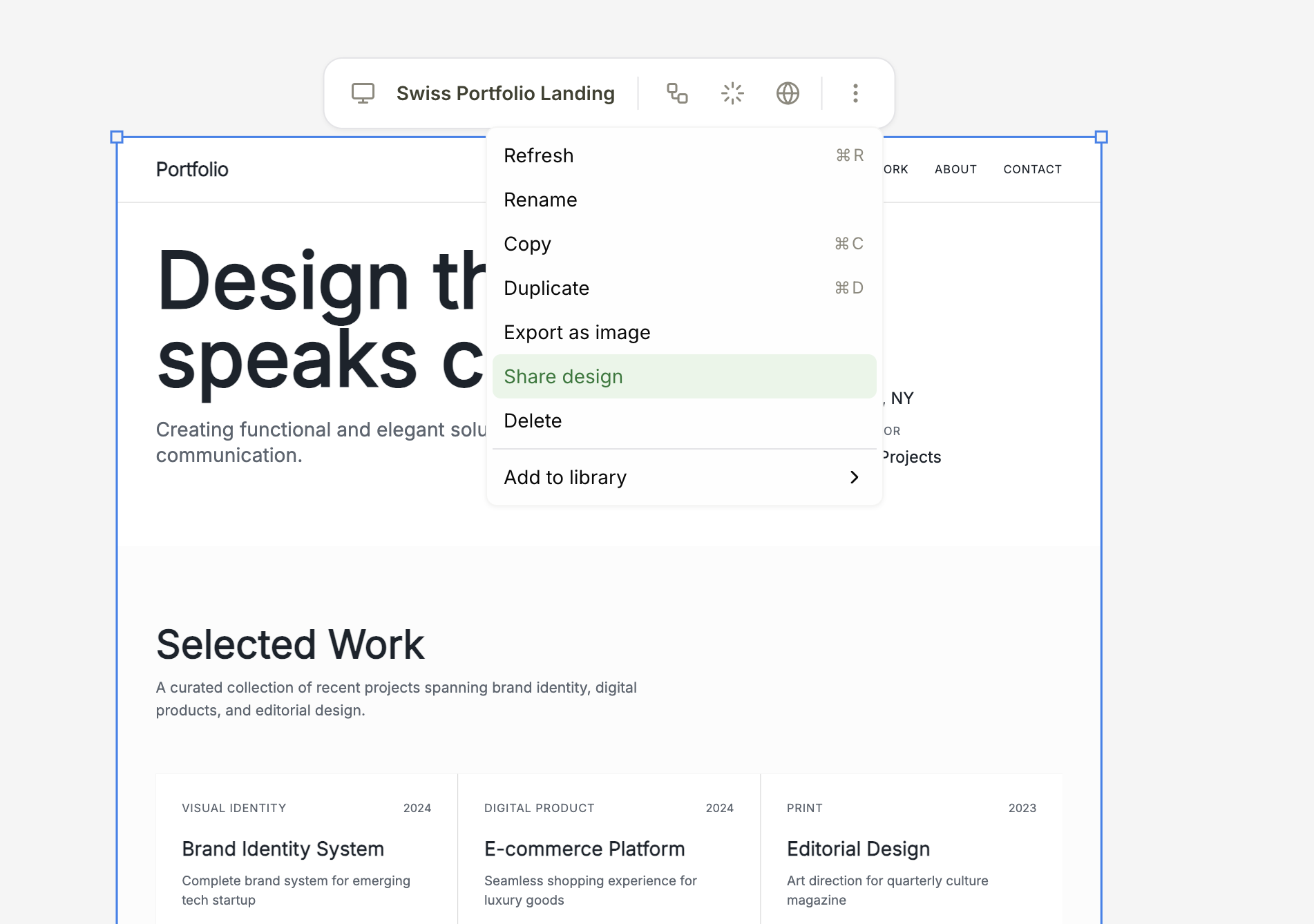 Share design links feature showing quick copy link option in the toolbar menu